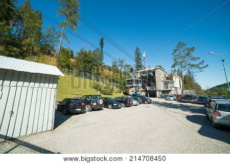 KUZNICE POLAND-SEPTEMBER 18: Cable car carries passengers from Kuznice to Kasprowy Wierch peak on Septomer 18 2017 in Zakopane Poland. This cable car built in 1936 was the first of its kind in Poland