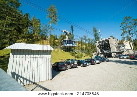 KUZNICE POLAND-SEPTEMBER 18: Cable car carries passengers from Kuznice to Kasprowy Wierch peak on Septomer 18 2017 in Zakopane Poland. This cable car built in 1936 was the first of its kind in Poland