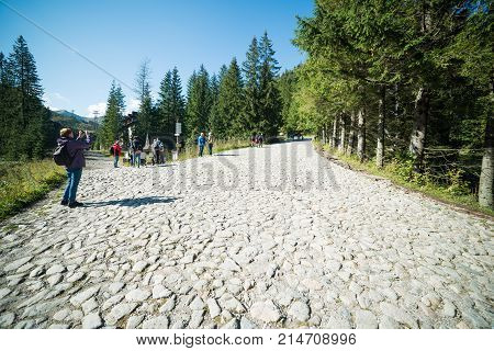 KUZNICE POLAND-SEPTEMBER 18: beginning of the road leading to Kasprowy Wierch in Tatras. Septomer 18 2017 in Zakopane Poland.