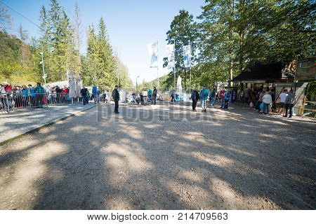 KUZNICE POLAND-SEPTEMBER 18: a large queue of people standing for tickets to the cable car on the Kasprowy Wierch Septomer 18 2017 in Zakopane Poland.