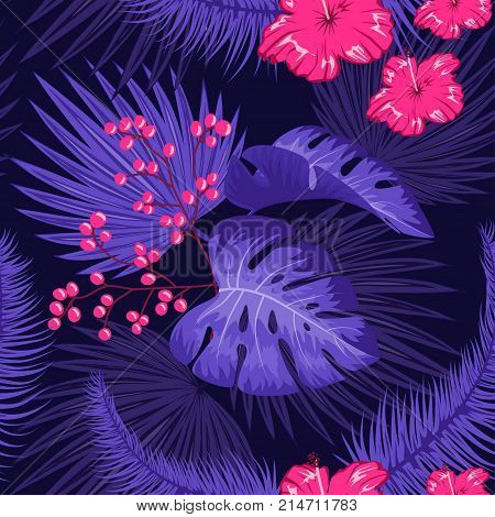 UV ultra violet luminous neon light effect pattern. Seamless repeating jungle rainforest plants, flowers and fern background, retro techno acid styling.