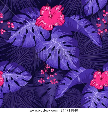 UV ultra violet luminous neon light effect pattern. Seamless repeating jungle rainforest plants, flowers and fern background, retro techno acid styling.