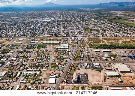 Above the Border Wall at Douglas Arizona USA looking south into Agua Prieta Mexico
