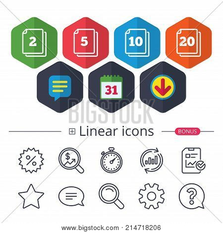Calendar, Speech bubble and Download signs. In pack sheets icons. Quantity per package symbols. 2, 5, 10 and 20 paper units in the pack signs. Chat, Report graph line icons. More linear signs. Vector