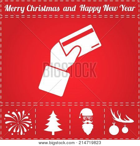 Credit card Icon Vector. And bonus symbol for New Year - Santa Claus, Christmas Tree, Firework, Balls on deer antlers