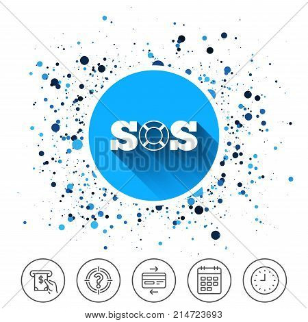 Button on circles background. SOS sign icon. Lifebuoy symbol. Calendar line icon. And more line signs. Random circles. Editable stroke. Vector