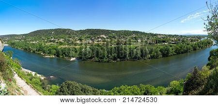 Panoramic view of Ardeche river and Saint-Martin-d'Ardeche south-central France