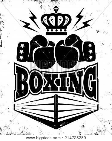 Vector vintage logo for a boxing with two gloves crown and ring. Emblem for boxing.