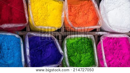 Colorful rangoli powder for sale on Kathmandu street market, Nepal