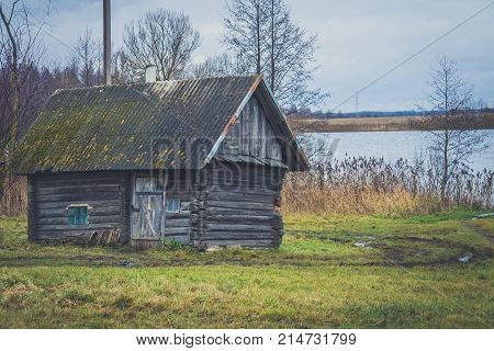 Old Wooden Bath On The Lake Shore