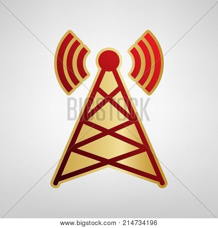 Antenna sign illustration. Vector. Red icon on gold sticker at light gray background.