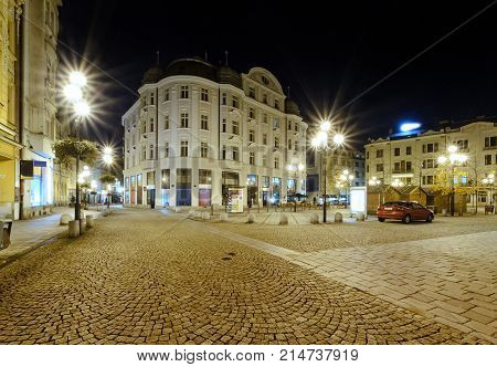 Square in the center of Ostrava Czech republic. Night foto.
