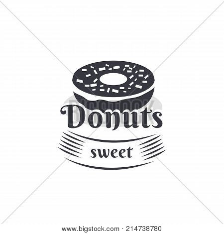 Vector vintage logo donut. Retro bakery label and logotype. Vector illustration of a donut. Templates for business card, menu, banner, cover, coupon, packaging, package, bag sticker