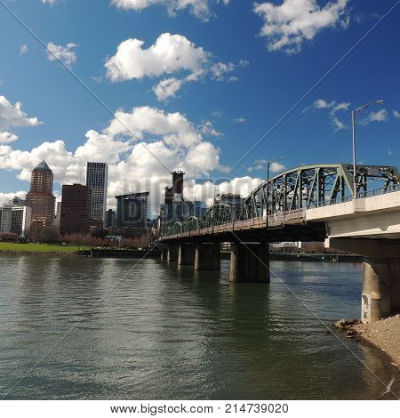 downtown Portland Or across the Willamette River in sunshine