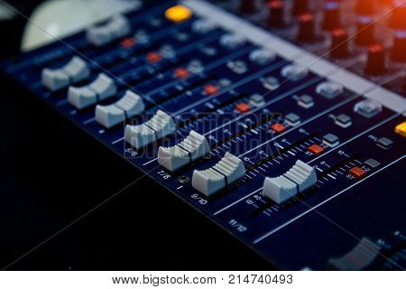 Sound operator console. Sound mixer control panel. Music recording Studio.