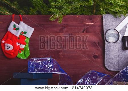 Package Christmas Gift Box. New Year Christmas Wrapping Paper, Ribbon, Bow And Thread, Scissors, Chr