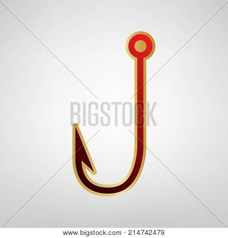 Fishing Hook sign illustration. Vector. Red icon on gold sticker at light gray background.
