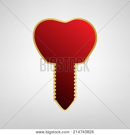 Tooth implant sign illustration. Vector. Red icon on gold sticker at light gray background.