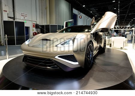 DUBAI UAE - NOVEMBER 18: The Icona Vulcano Titanium is the world first titanium supercar on Dubai Motor Show 2017 on November 18 2017