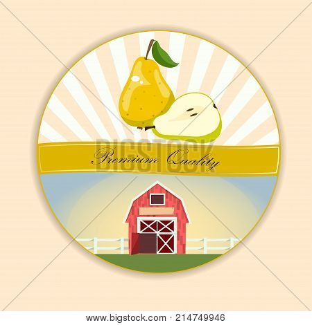 logo of fresh green pear juice. Vector round label, pear jam, sauce or juice label. Pear farm on green meadow