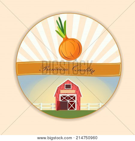 Abstract vector illustration logo for whole and slice ripe vegetable round onion, . Onion pattern on label vegetables ripe sweet food. Farm on greend grass