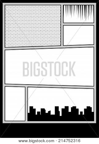 Speech bubble balloon. Comics book monochrome template background. Pop art black white empty backdrop mock up. Vector illustration halftone dot mockup for comic text. Silhouette city boom explosion.