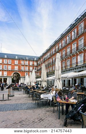 MADRID, SPAIN - April 20, 2017: The Plaza Mayor (English Main Square)  was built during Philip III's reign (1598-1621) , SPAIN