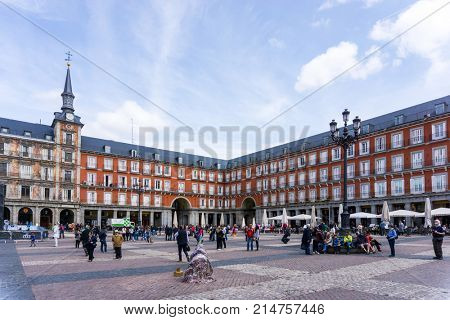 MADRID, SPAIN - April 20, 2017: The Plaza Mayor (English Main Square)  was built during Philip III's reign (1598-1621) , SPAIN
