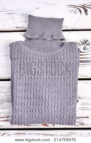 New folded cable turtleneck sweater. Gray knitted warm jumper on sale. Winter knit outfit.