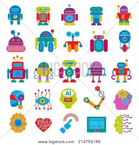 Vector robot technology design futuristic kid flat baby children cyborg robotic character machine science future illustration isolated on white background.