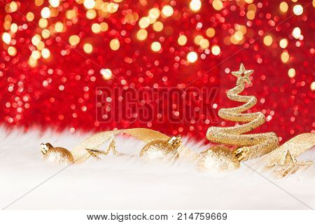 Christmas Tree - Golden Glitter sparkling In The Red Background