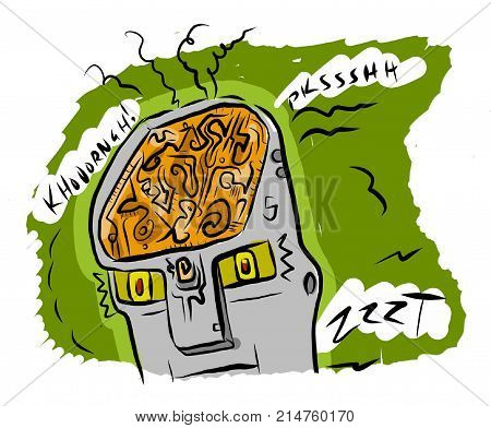 Robot breaking down and making noises with brain showing