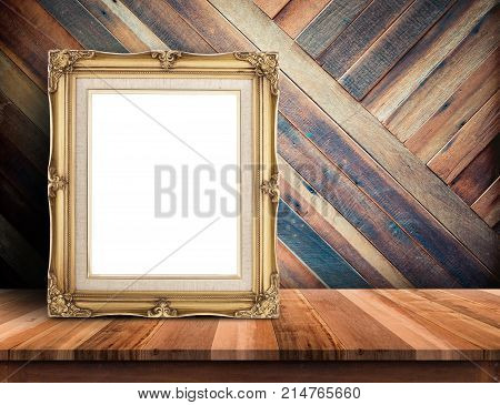 Gold Victorian Picture Frame On Plank Wooden Table Top At Tropical Diagonal Wood Wall,template Mock