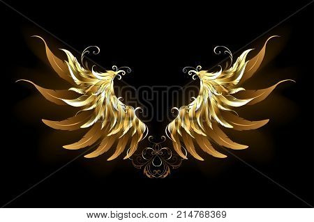 Shiny golden angel wings on a dark background. Golden wings.