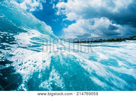 Ocean wave breaking on shore. Point break reef spot named Lazy Lefts, Midigama, Sri Lanka