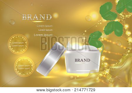 Cosmetic container with advertising background ready to use, centella asiatica skin care ad. Vector illustration.