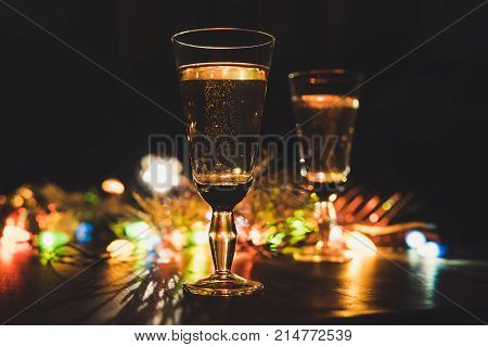 Two Sparkling Champagne Glasses New Year Celebration Christmas