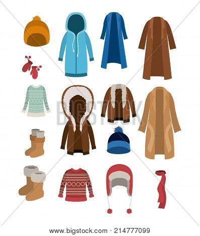 winter clothes set with coats sweaters wool cap boots scarf jackets and gloves over white background vector illustration