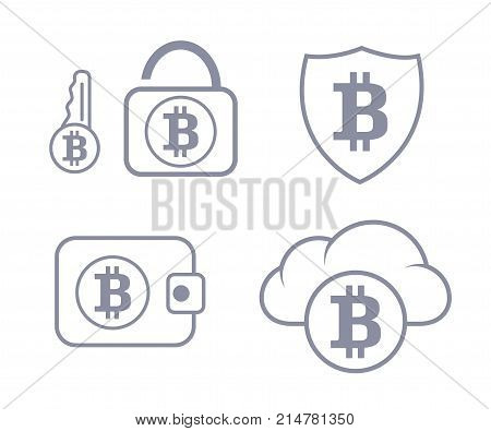Bitcoin wallet in the cloud protection. Set icon. Sync and storage. Line style.