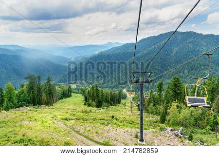 View From Kokuya Mountain And Chairlift Ski Lift. Altai Republic. Russia