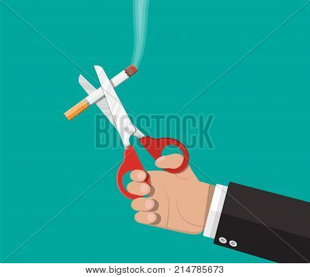 Tobacco abuse concept. Scissors in hand cut a cigarettes. No smoking. Rejection, proposal smoke. Vector illustration in flat style.