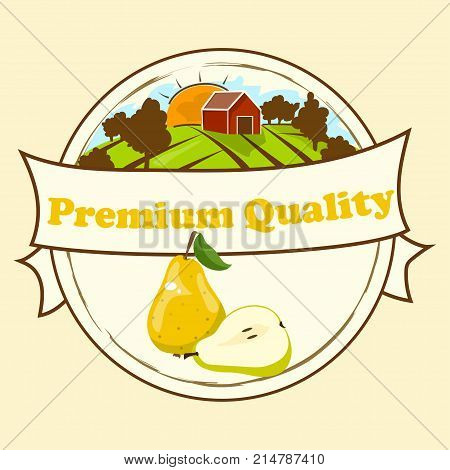 logo of fresh green pear juice. Vector round label, pear jam, sauce or juice label. Pear farm on green meadow