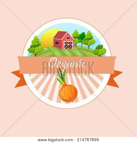 Abstract vector illustration logo for whole and slice ripe vegetable round onion, . Onion pattern on label vegetables ripe sweet food. Farm on greend grass