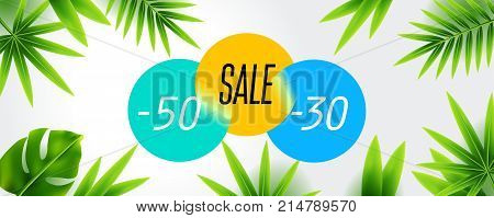 Summer sale discount End of season banner design with tropical foliage vector illustration background. Can used for gift voucher poster advertising social media
