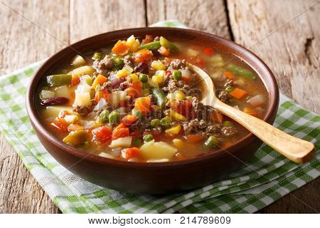 Tomato Soup With Ground Beef And Vegetables Close-up On The Table. Horizontal
