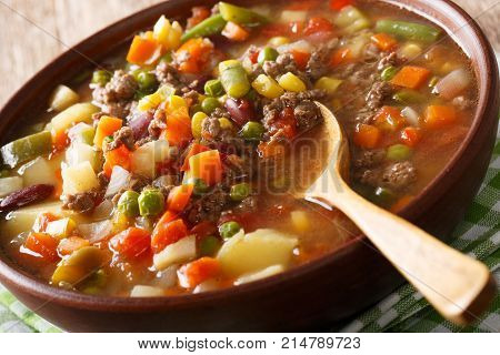 Delicious Hamburger Soup With Ground Beef And Mix Of Vegetables Close-up. Horizontal