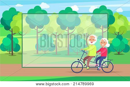 Happy mature couple riding together on bike on background of green trees in park vector with frame for text. Husband and wife on retirement