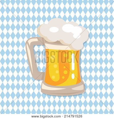 Traditional glass of beer with white foam and bubbles vector on checkered abstract background. Light alchoholic beverage in transparent mug with handle