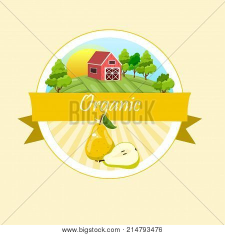 logo of fresh green pear juice. Vector round label, pear jam, sauce or juice label. Pear farm on green meadow