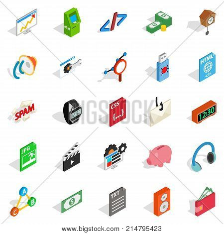 Digital age icons set. Isometric set of 25 digital age vector icons for web isolated on white background